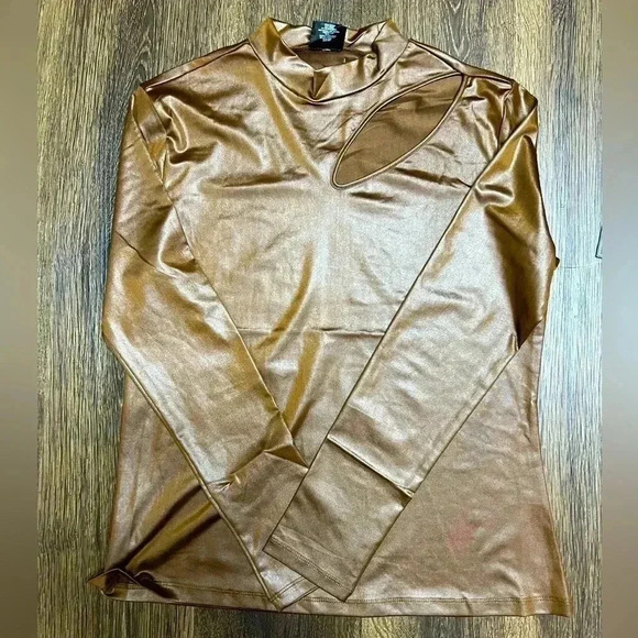 Olivia‎ Jordan Long Sleeves High Neck Liquid Shine Front Cut Out Top Blouse Sz L - Picture 4 of 8